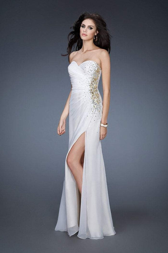 La Femme - 18594 Side Beaded Strapless Chiffon Gown In White and Neutral