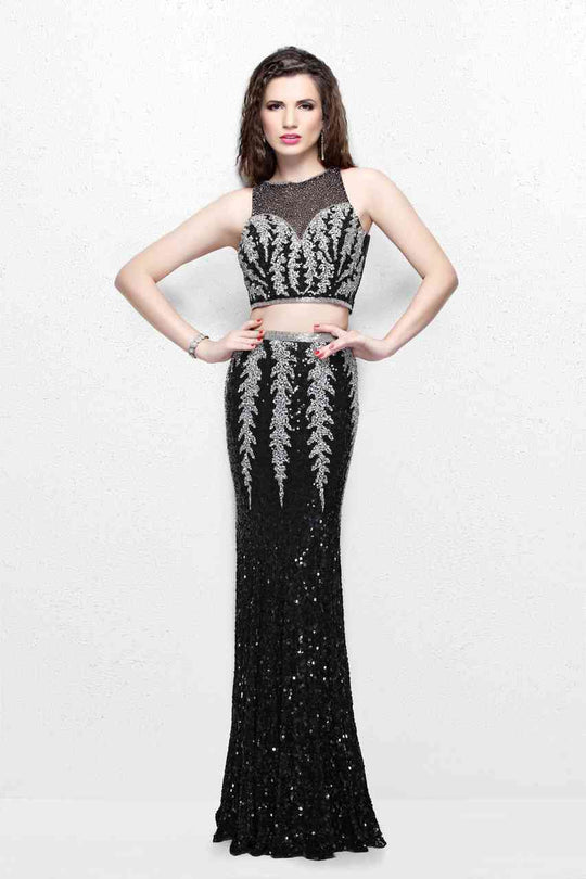 Primavera Couture - Elegant Two-Piece Jewel Illusion Sheath Gown 1859 in Black and Silver