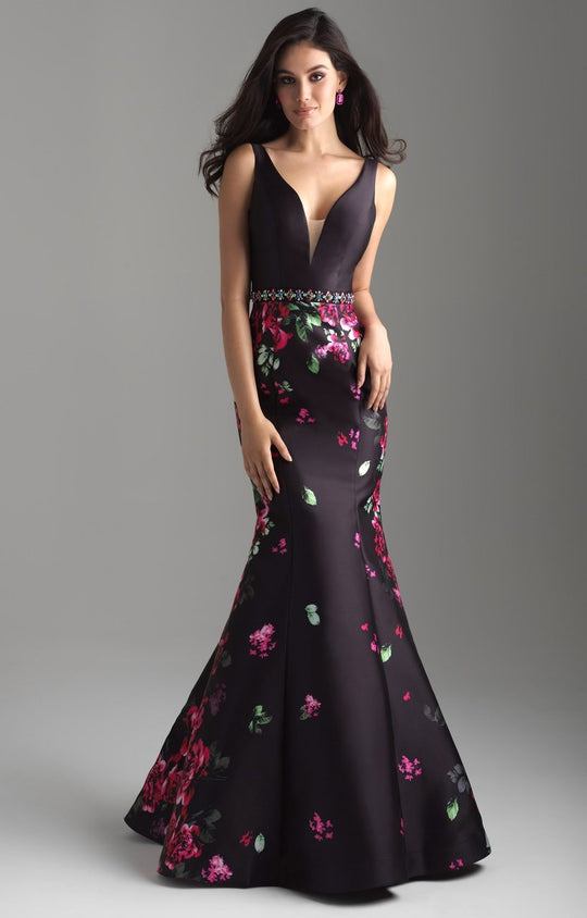 Madison James - 18-601 Plunging Ladder Back Floral Mermaid Gown In Black and Multi-Color