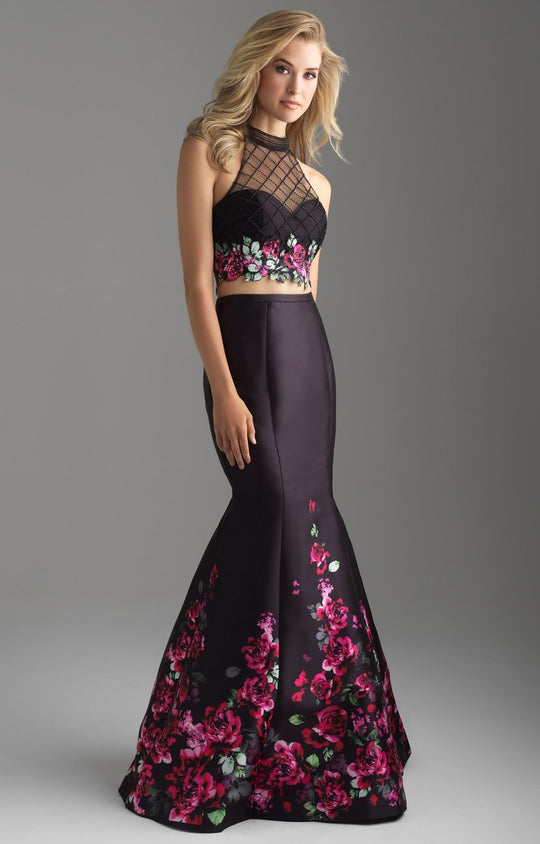 Madison James - 18-602 Illusion High Neck Floral Lattice Mermaid Gown In Black and Multi-Color