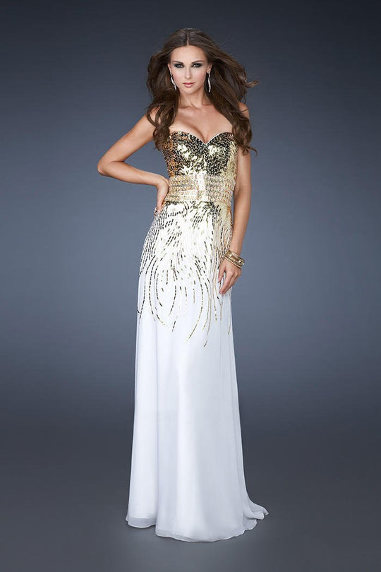 La Femme - 18603 Strapless Metallic Sequined Empire Gown In White