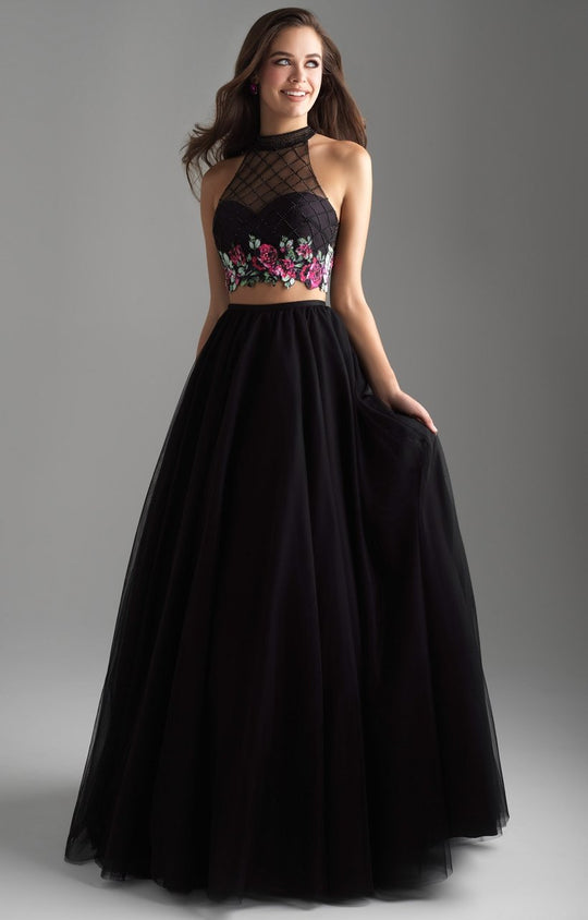Madison James - 18-603 Illusion High Neck Floral Lattice Ballgown In Black and Multi-Color