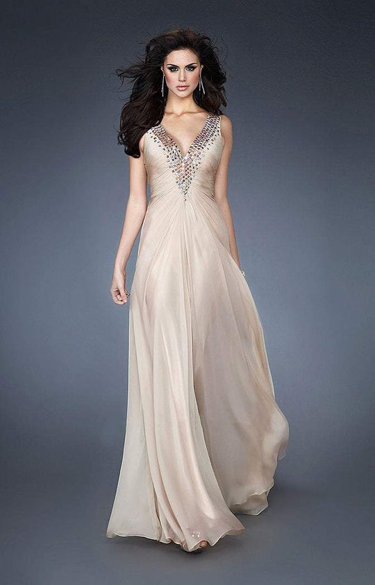 La Femme - 18604 Embellished V-neck Chiffon Dress In Neutral