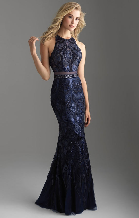 Madison James - 18-604 Embroidered Multi-Cutout Sheath Gown In Blue