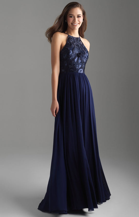 Madison James - 18-605 Sequin Ornate Embroidered Bodice A-Line Gown In Blue