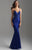 Madison James - 18-607 V Neckline Thin Strap Lace Evening Dress In Blue