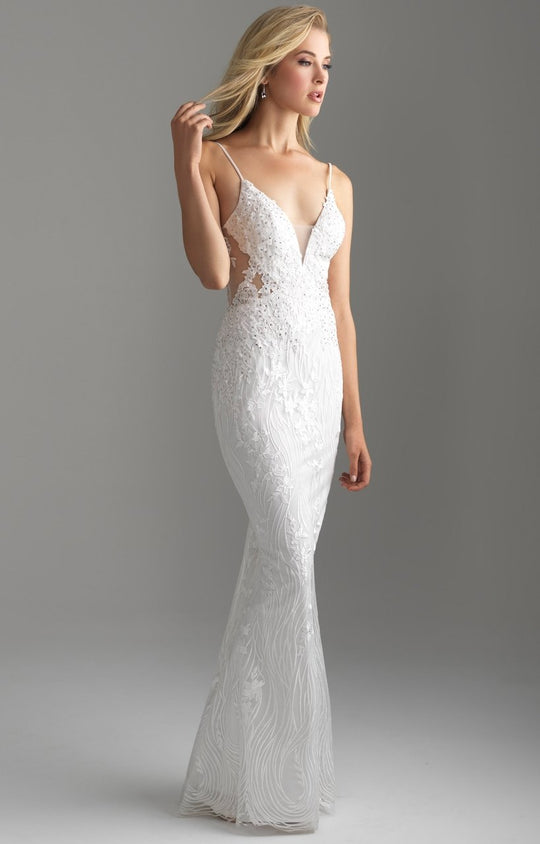 Madison James - 18-607 V Neckline Thin Strap Lace Evening Dress In White
