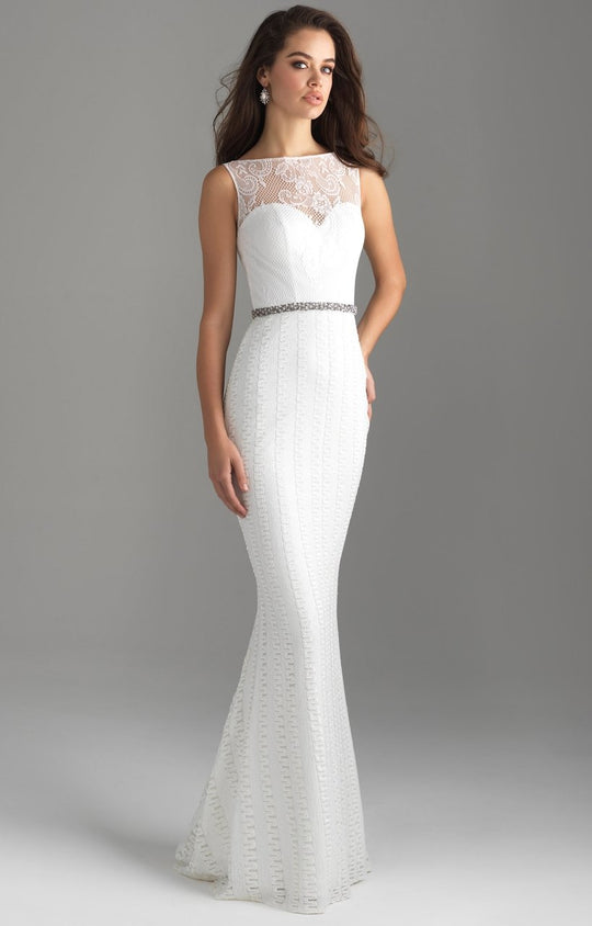 Madison James - 18-615 Illusion Bodice Sequined Sheath Gown In White