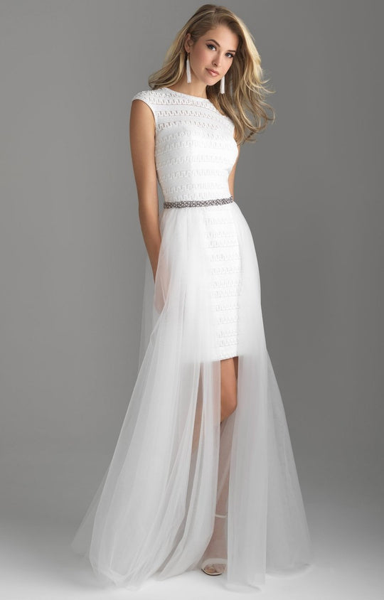 Madison James - 18-616 Cap Sleeve Sequin Ornate Overskirt Gown In White