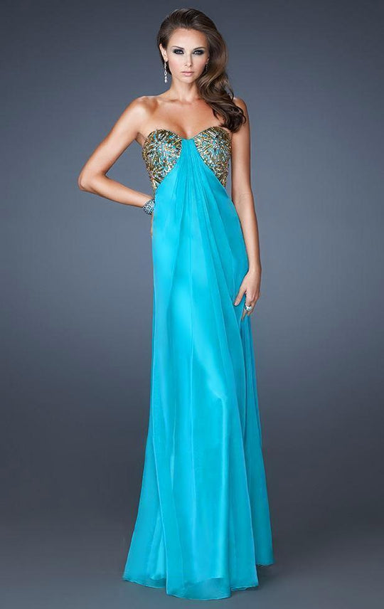 La Femme - 18617 Bedazzled Sweetheart Free Flowing Column Dress In Blue and Green