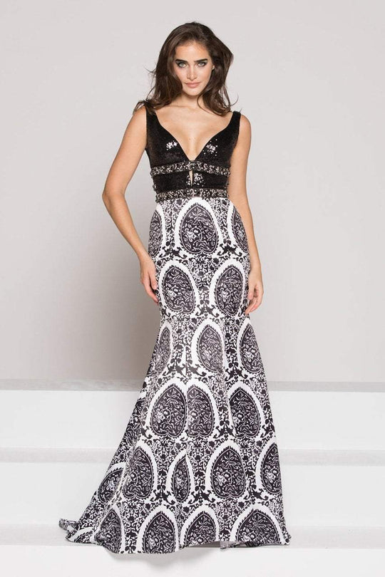 Colors Dress - 1861 Sequined V-Neck Printed Evening Gown In Black and White
