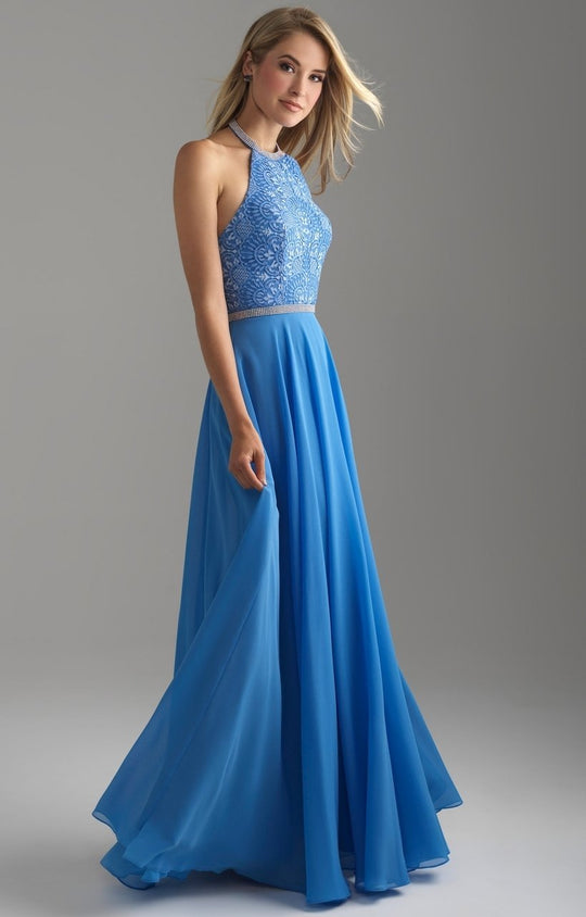 Madison James - Beaded Halter Neck Lace and Chiffon Gown 18-621 in Blue
