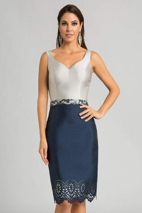 Feriani Couture - 18628 Two Tone Color V-neck Sheath Dress  In Silver and Blue
