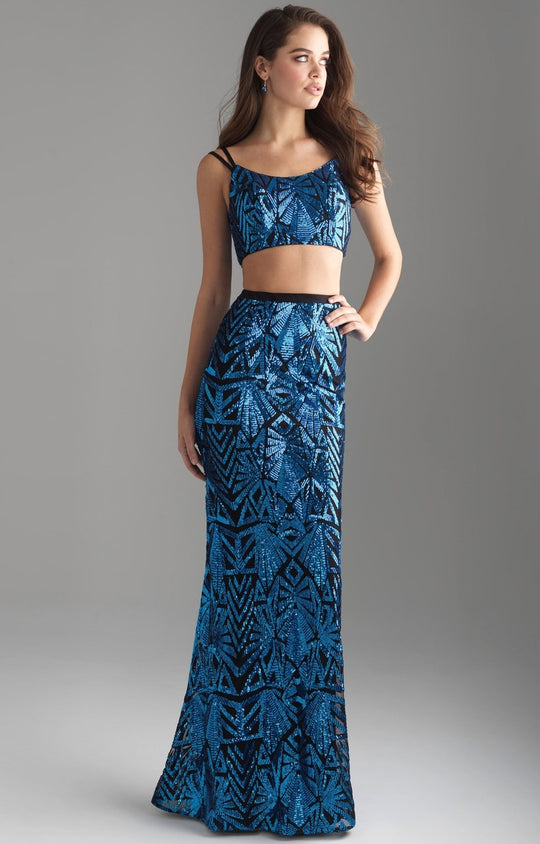 Madison James - 18-636 Two Piece Crop Top Sequined Dress In Blue