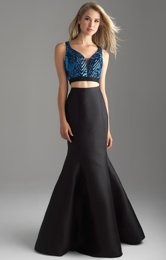 Madison James - 18-637 Two Piece Crop Top Mikado Mermaid Gown In Blue and Black