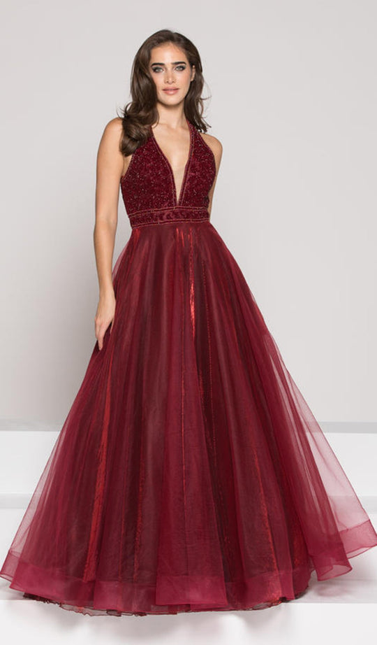 Colors Dress - Embellished Halter Metallic Mesh Ballgown 1863 in Red