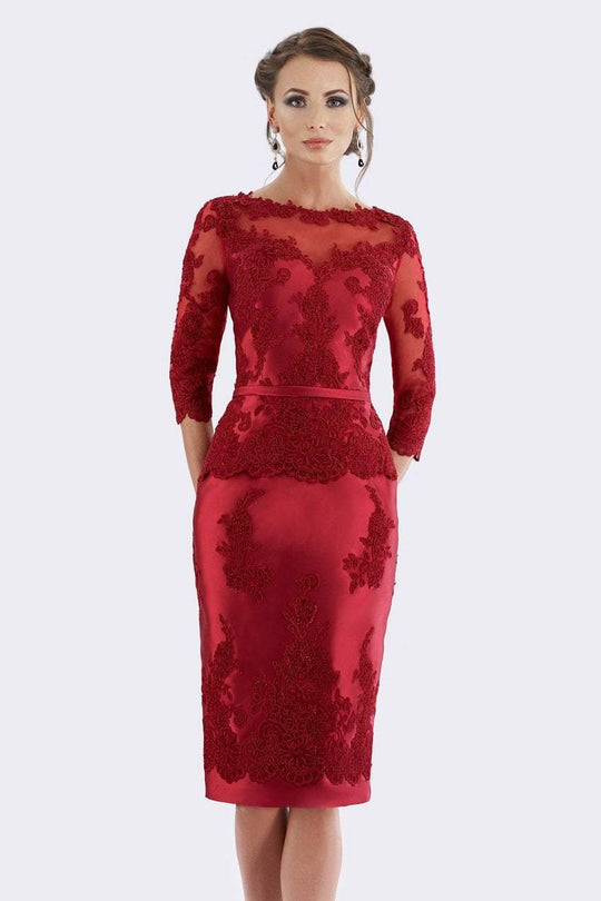 Feriani Couture - 18640 Quarter Sleeve Appliqued Peplum Sheath Dress In Red