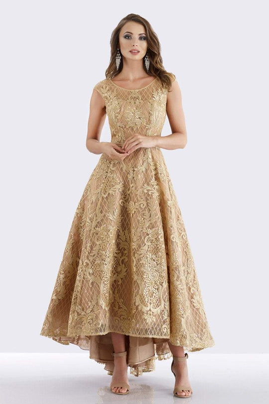 Feriani Couture - 18650 Cap Sleeve Embroidered High Low Gown In Gold
