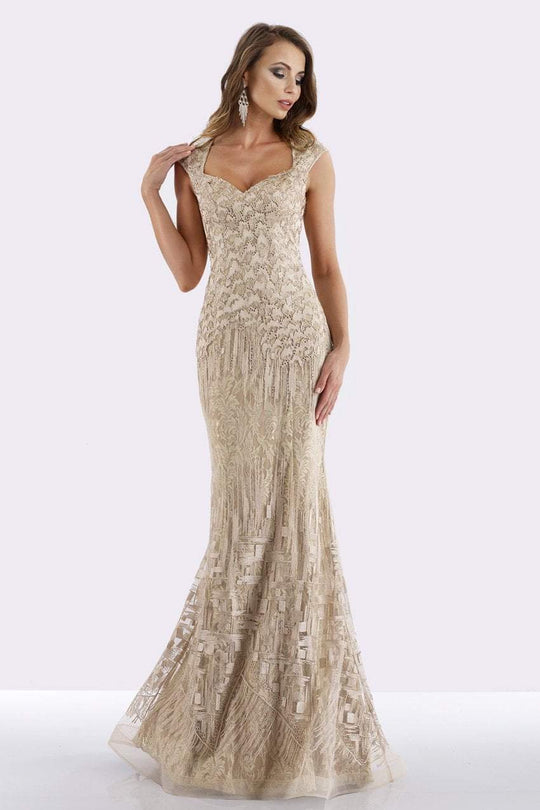 Feriani Couture - 18651 Cap Sleeve Fringed Lace Mermaid Dress In Neutral