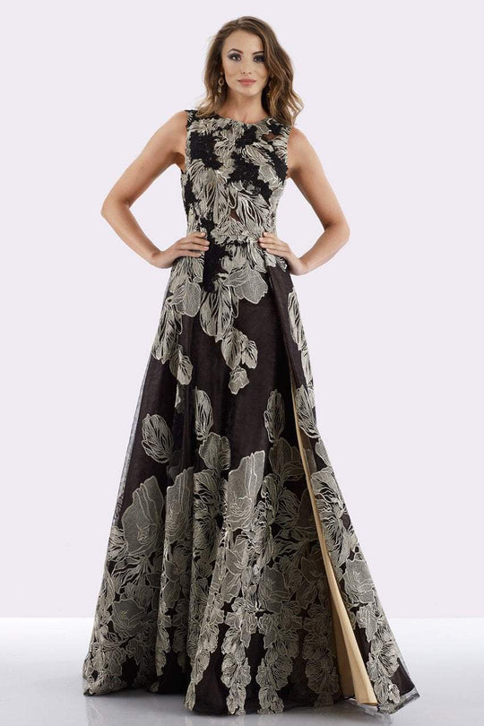 Feriani Couture - 18652 Appliqued Sleeveless Floral Overskirt Gown In Black and Gold