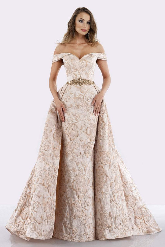 Feriani Couture - 18654 Floral Print Off-Shoulder Gown With Overskirt In Neutral