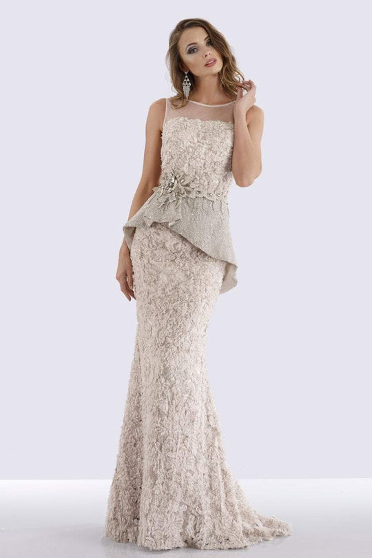 Feriani Couture - 18655 Embellished Illusion Bateau Peplum Sheath Dress In Neutral and Gray