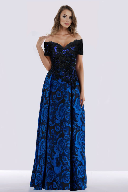 Feriani Couture - 18656 Floral Embroidered Off Shoulder Evening Dress In Blue