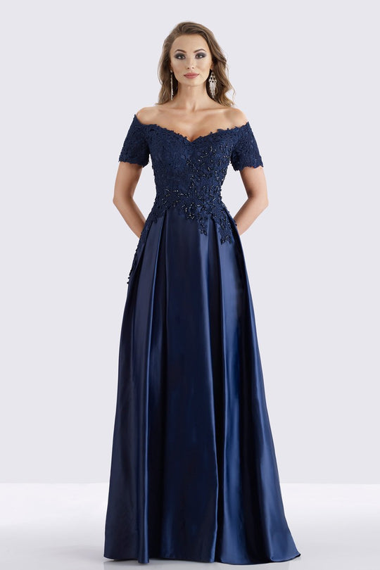 Feriani Couture - 18657 Beaded Off Shoulder Pleated Evening Gown In Blue