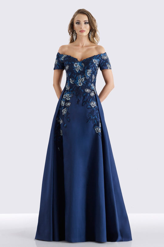Feriani Couture - 18658 Floral Embroidered Off-Shoulder A-line Gown In Blue