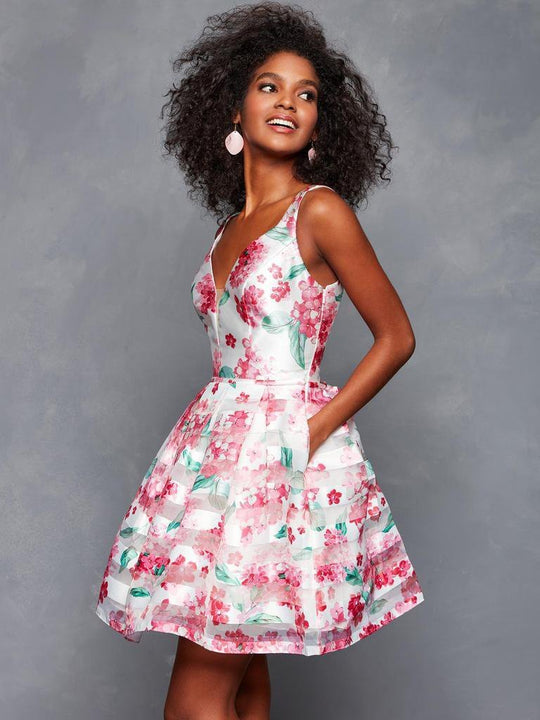 Clarisse - 3608 Floral Printed Deep V-neck Pleated A-line Dress in Pink