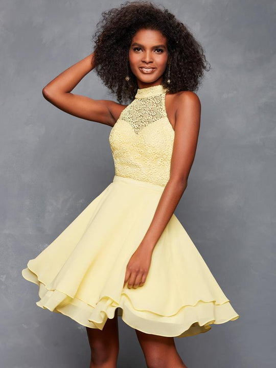 Clarisse - 3612 Lace High Halter Chiffon A-line Dress in Lemon