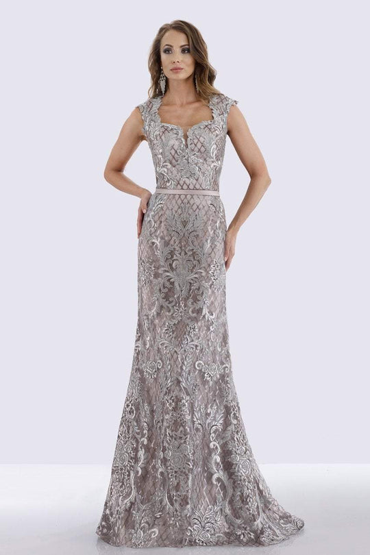 Feriani Couture - 18671 Cap Sleeve Square Neck Lattice Sheath Gown In Silver and Gray