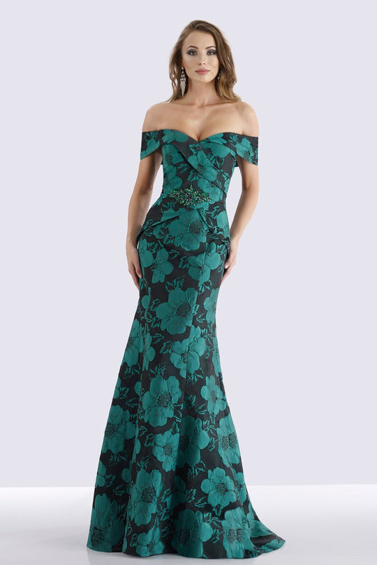 Feriani Couture - 18675 Surplice Fold over Off Shoulder Floral Gown In Green