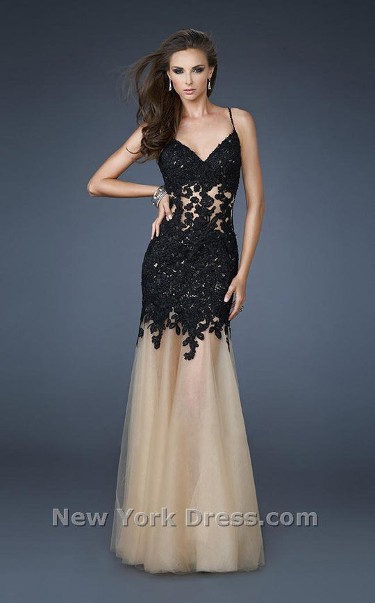 La Femme - 18675 Lace V-neck Trumpet Dress In Black