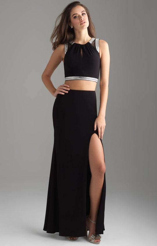 Madison James - 18-675 Silver Framed Croptop Sheath Jersey Gown In Black and Silver