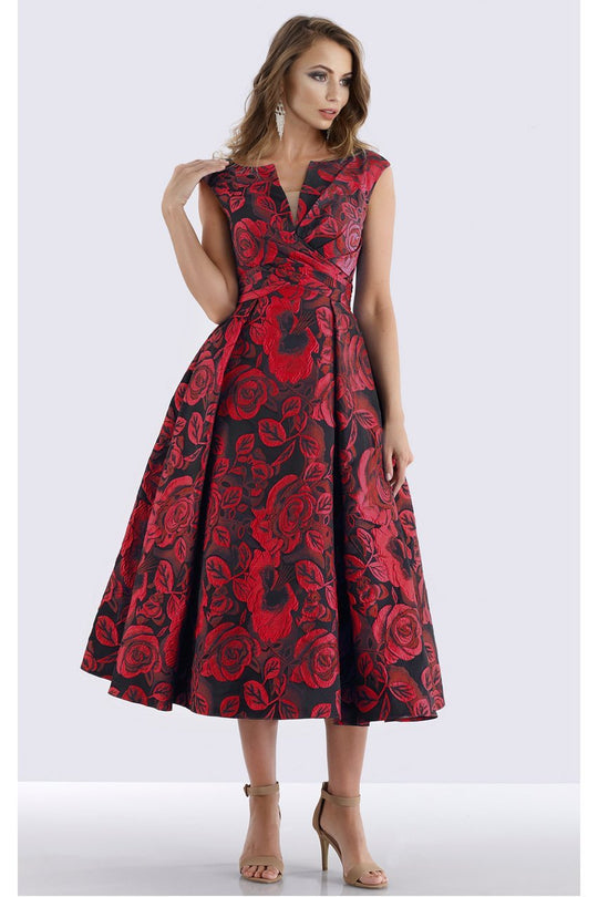 Feriani Couture - 18686 Floral Bateau Ruched Tea Length Dress In Red