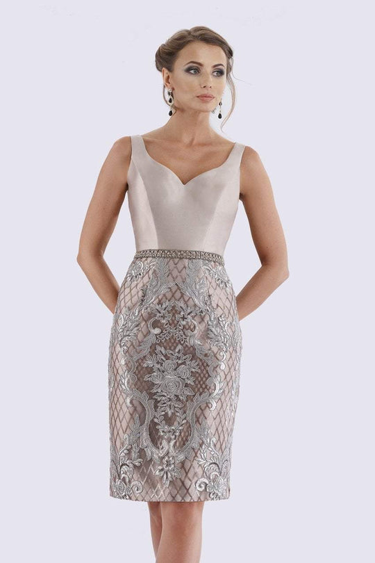 Feriani Couture - 18690 Knee Length Sleek Embroidered Lattice Dress In Silver and Gray
