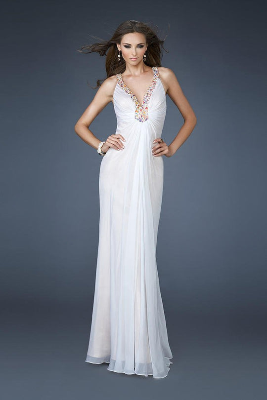 La Femme - 18693 Beaded Ruched Criss Cross Gown In White and Neutral