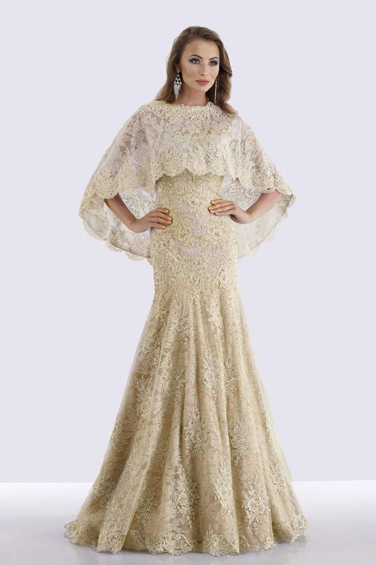 Feriani Couture - 18695 Lace Straight Neck Trumpet Dress with Cape In Gold