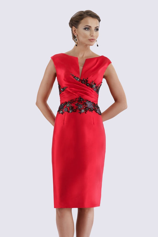 Feriani Couture - 18699 Cap Sleeve Contrast Floral Beaded Sheath Dress In Red