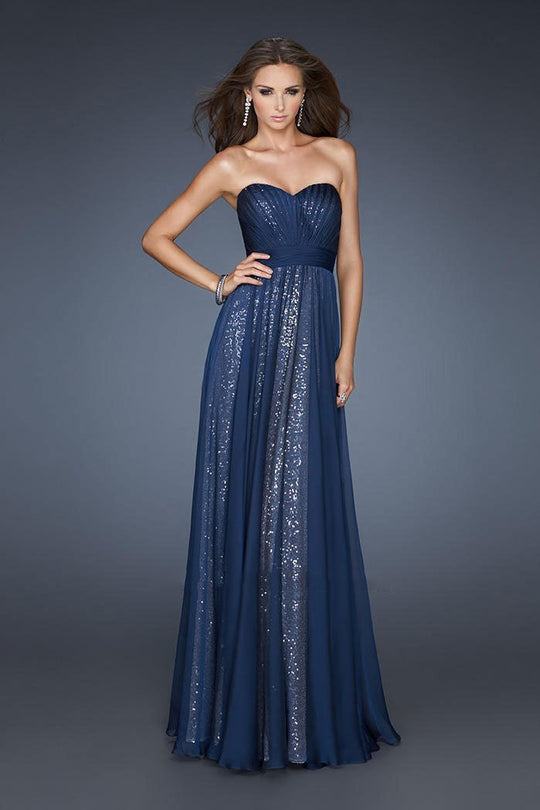 La Femme - Stunning Sweetheart Sequined Gown with Chiffon Overlay 18706 In Blue and Silver
