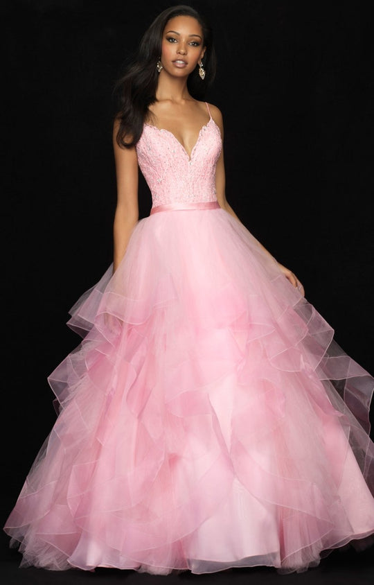 Madison James - 18-707 Jewel Ornate Lace Bodice Cascading Ballgown In Pink