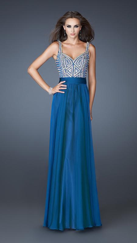 La Femme - Beaded Queen Anne Neck A-line Dress 18713 In Blue