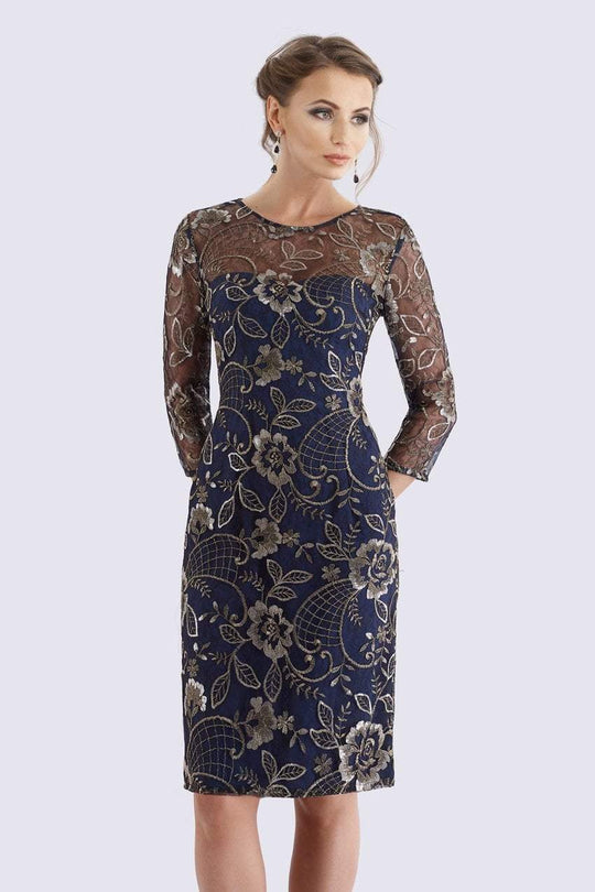 Feriani Couture - 18717 Quarter Length Sleeve Floral Lace Sheath Dress In Blue