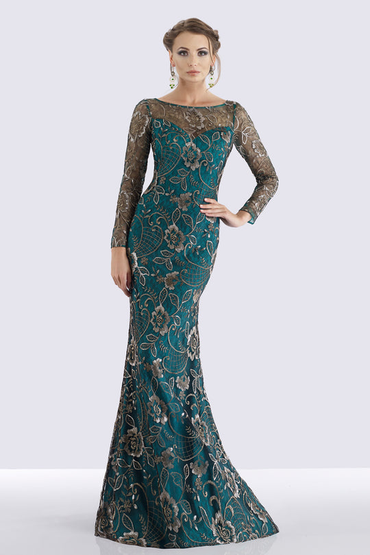 Feriani Couture Sequined Floral Long Sleeve Gown - 1 pc Navy In Size 14 Available In Green