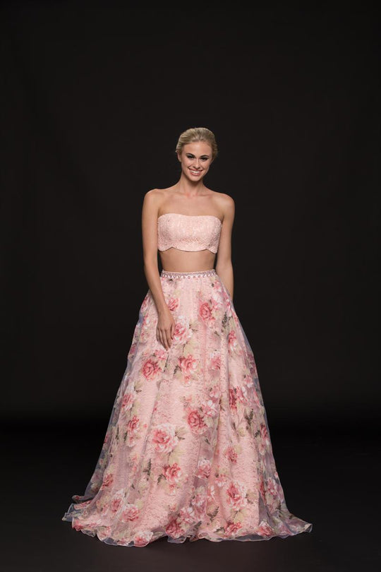 Colors Dress - 1871 Two Piece Lace and Floral Printed Organza Gown in Pink