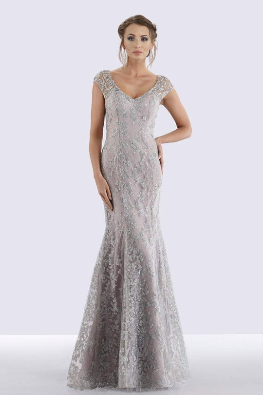 Feriani Couture 18721 Cap Sleeve V-Neck Embellished Mermaid Gown in Silver