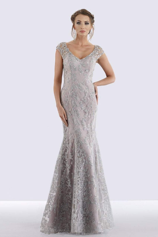 Feriani Couture - 18721 Cap Sleeve V-Neck Embellished Mermaid Gown In Silver