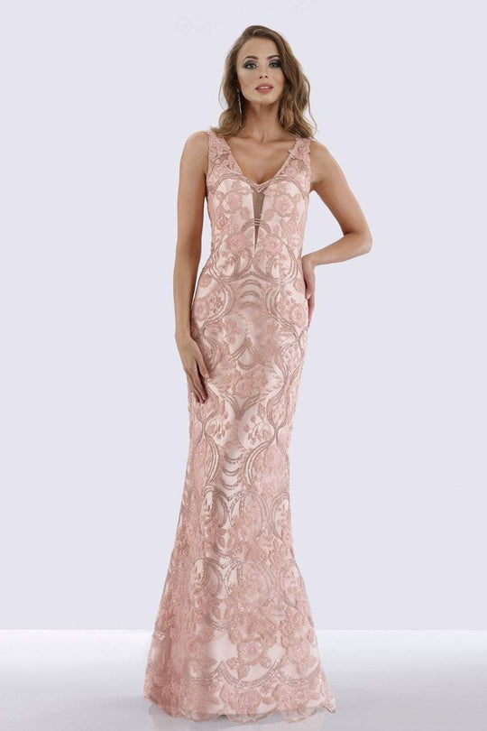 Feriani Couture - 18722 Deep V-neck Embellished Gown In Pink