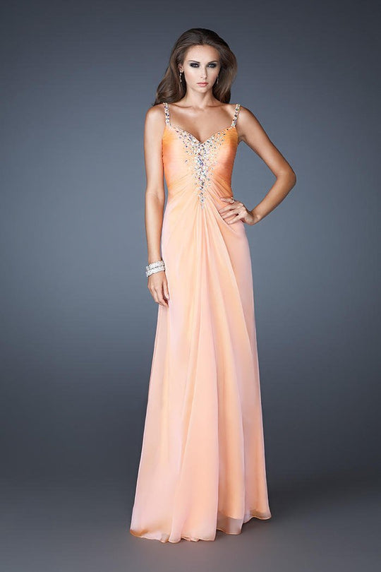 La Femme - 18726 Stone Embellished Ruched Evening Gown In Orange
